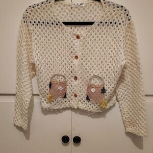 Vintage Cream Open Weave Appliqued Jacket